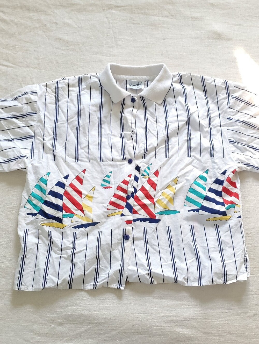 Vintage White Striped Sailboat Button-Up Shirt Medium Large Womens